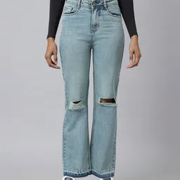 Code 61 Women Blue Wide Leg High-Rise Slash Knee Light Fade Jeans-image-84