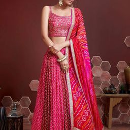 ODETTE Pink & Red Embellished Mirror Work Khari Print Semi-Stitched Lehenga & Unstitched Blouse With Dupatta-image-21
