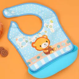 yellow bee Bear Buddy Baby Bib – Teddy Design on Blue Waterproof Bib with Food Catcher-picture-12