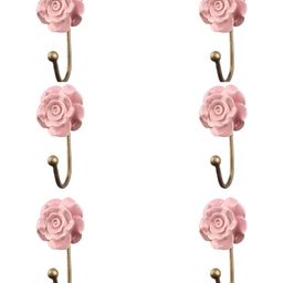 IndianShelf Gold-Toned & Pink 6 Piece Floral Ceramic Wall Hooks-image-28