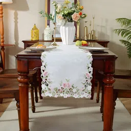 MONKDECOR White & Pink Embroidered Satin Table Runner-image-89