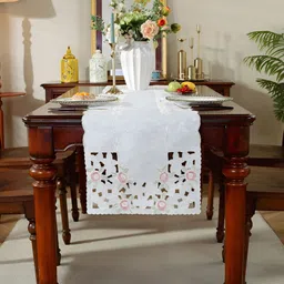 MONKDECOR White Embroidered Satin Table Runner-image-36