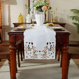 MONKDECOR Peach & White Embroidered Satin Table Runner-22