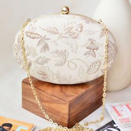 ARTKLIM Cream & Gold-Toned Embroidered Box Clutch-image-52