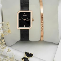 JOKER & WITCH Women Rose Gold Toned & Black Analogue Watch With Bracelet And Ring Gift Set-image-10