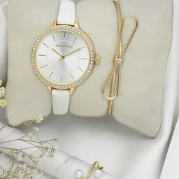 JOKER & WITCH Women Gold Toned & White Analogue Watch With Bracelet And Ring Gift Set-0