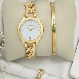 JOKER & WITCH Women Gold Toned & White Analogue Watch With Bracelet And Ring Gift Set-image-20