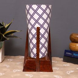 Devansh White & Brown Printed Cotton Conical Table Lamp With Wooden Base-57