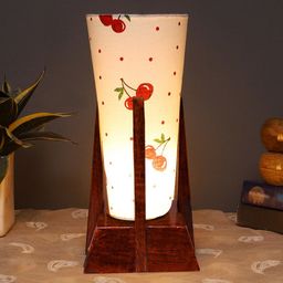 Devansh White & Brown Printed Cotton Conical Table Lamp With Wooden Base-24