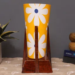 Devansh Yellow & Brown Printed Wooden Table Lamp With Cotton Shade-13