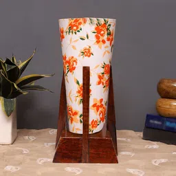 Devansh White & Brown Floral Printed Cotton Conical Table Lamp With Wooden Base-41