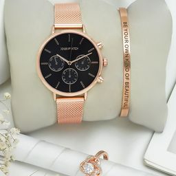 JOKER & WITCH Women Black Dial & Rose Gold Toned Analogue Watch With Bracelet & Ring- JWLT-12