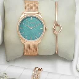 JOKER & WITCH Women Rose Gold Toned Bracelet Style Straps Watch With Bracelet & Ring-image-65