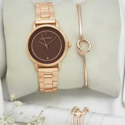 JOKER & WITCH Women Rose Gold Toned & Brown Analogue Watch With Bracelet And Ring Gift Set-image-10