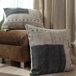 HOMEMONDE Grey & Off White 2 Pieces Geometric Printed Cotton Square Cushion Covers-32