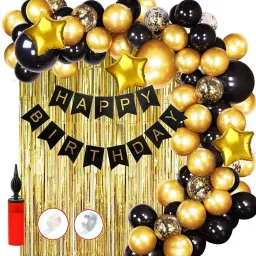 Solid Happy Birthday Combo Of 61 Pcs Golden Foil Curtains Birthday Banner Balloon-18