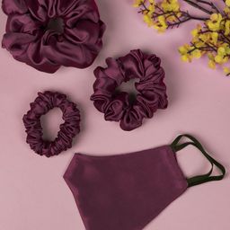 Arendelle Women Purple Set of 3 Satin Scrunchies With Matching Mask-66