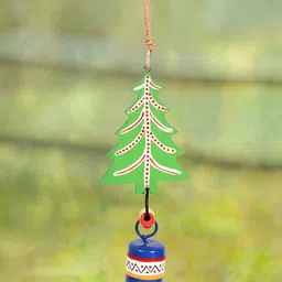 AAKRITI ART CREATIONS Green & Blue Wooden & Metal Christmas Tree Windchime-0