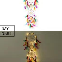 DULI Multicoloured Feathers Hanging Dream Catcher with Lights & Windchimes-4