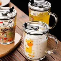 Cartoon Printed/Cup with Handle, Straw, Airtight Lid & Measuring Scale - 400 ML - 1 Piece - Random Design Glass Coffee (400 ml) Glass Mason Jar-image-19