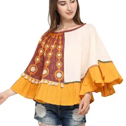 MESMORA FASHION Women White & Red Embroidered Cotton Poncho-picture-12