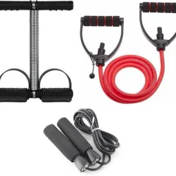 WORKOUT KIT OF TUMMY TRIMMER WITH SKIPPING ROPE AND SINGLE TONING TUBE Fitness Accessory Kit Kit-image-41