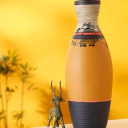 aakriti art creations Madhubani Tattoo Art Mustard Terracotta Table Vase-picture-22