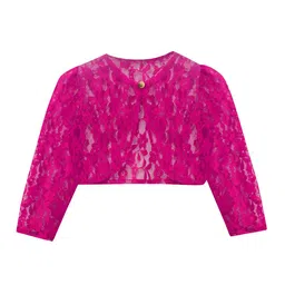 A T U N Girls Fuchsia Party Crop Lace Sheer Shrug-image-6