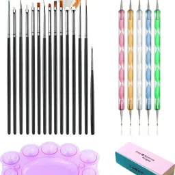 Combo Of 15 Pcs Nail Art Brush Set & 5 Pcs Nail Art Dotting Tolls plus Nail Art Polishing Buffer+ Free Nail Paint Mixing Palette-4