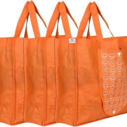 Foldable Reusable Smiley Printed Shopping Bag with One Small Pocket (Set Of 3,Orange) Pack of 3 Grocery Bags-25