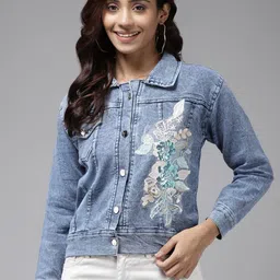 Aarika Women Floral Patchwork Crop Denim Jacket-image-93
