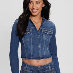 GUESS Women Longline Denim Jacket with Patchwork-27