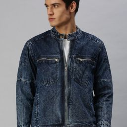 VOXATI Men Blue Washed Longline Denim Jacket with Patchwork-38