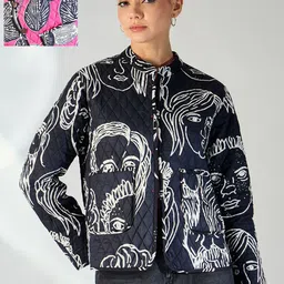 Uptownie Women Stand Collar Graphic Printed Cotton Casual Quilted Reversible Jacket-picture-23