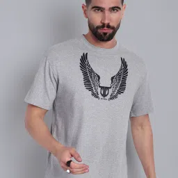 Men Printed Round Neck Cotton Blend Grey T-Shirt-image-2
