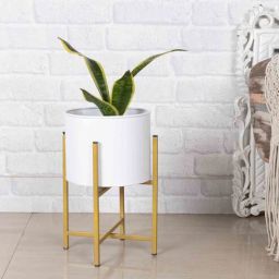 Gold Metal 11" Mid Century Desk Planter Stand With White Pot By Homesake-picture-39