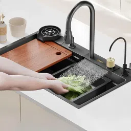 Kitchen Sink 30"x18"x9" Inch with Integrated Waterfall and Pull-down Fauce Rectangular Shaped (75x46x21 cm) Vessel Sink-image-60