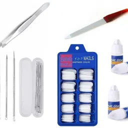 Artificial Arylic Fake 100 Nails With Glue 4 Bottle with Nail Filer And Plucker and Blackhead 4 different Pins-9