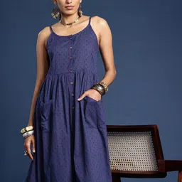 Taavi Self Designed Shoulder Straps Pure Cotton A-Line Block Print Legacy Ethnic Dress-13