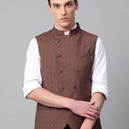 Blackberrys Men Brown & Blue Woven Design Slim Fit Nehru Jacket-22