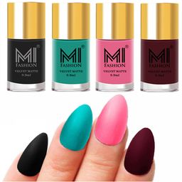 MI FASHION Set of Velvet Matte Nail Polish 9.9 ml Each -Black 05 - Sky Blue 06 - Baby Pink 07 - Red Wine 26-12