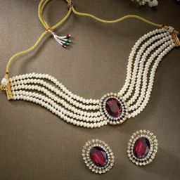 I Jewels Women Gold-Plated Kundan-Studded & Pearl Beaded Necklace and Earrings-11