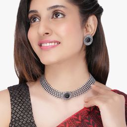 Yellow Chimes Women Silver-toned Oxidised Floral Choker Necklace Set-29