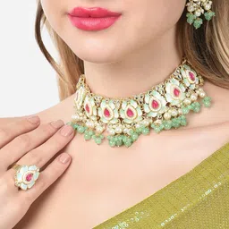 Zaveri Pearls Pink & Green Lotus Design Meenakari Choker Necklace Earring & Ring Set-37