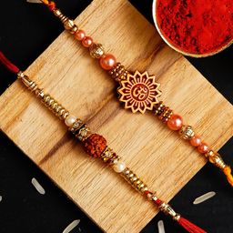 eCraftIndia Set Of 2 Brown & Red Om & Rudraksha Beaded Rakhi-image-30