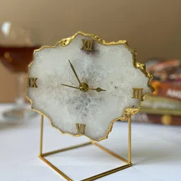 HOMEARTE White & Gold Toned Abstract Shaped Crystal Vintage Analogue Table Clock-46