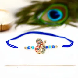 eklota Designer Flute & Peacock Feather Rakhi with Beads – Elegant Handcrafted Rakhi for Brother Mauli Thread Bracelet Set image 5