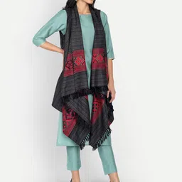 Zamour Women Black & Red Longline Tasselled Bohemian Woollen Shrug-22