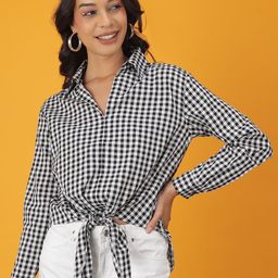 Freehand by The Indian Garage Co Black And White Checked Cuffed Sleeves Shirt Style Top-image-95