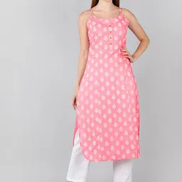 ZNX Clothing Women Pink & White Printed Shoulder Strap Straight Kurta-22